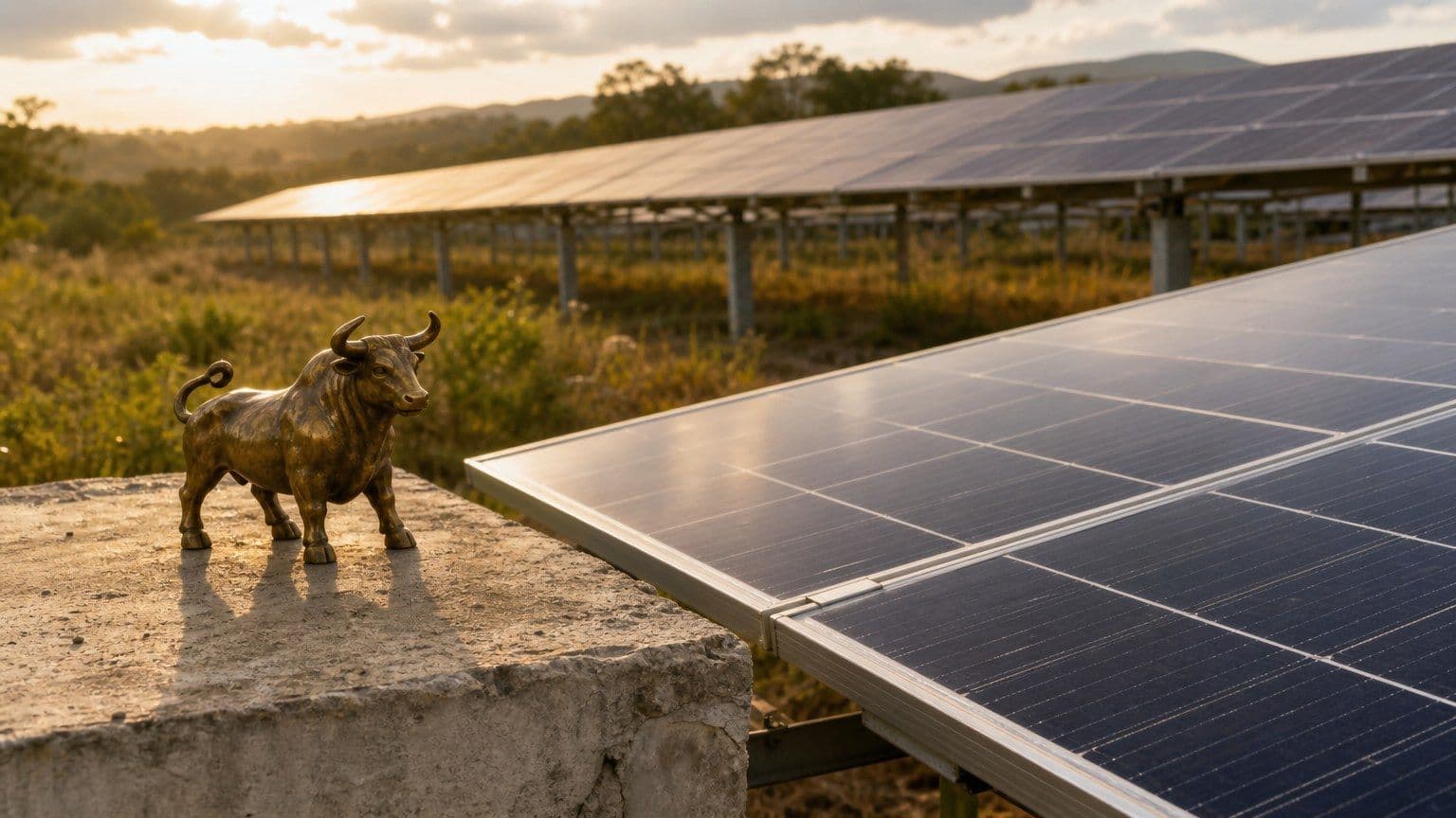 Un piccolo toro in ottone davanti a una distesa di pannelli fotovoltaici al tramonto.