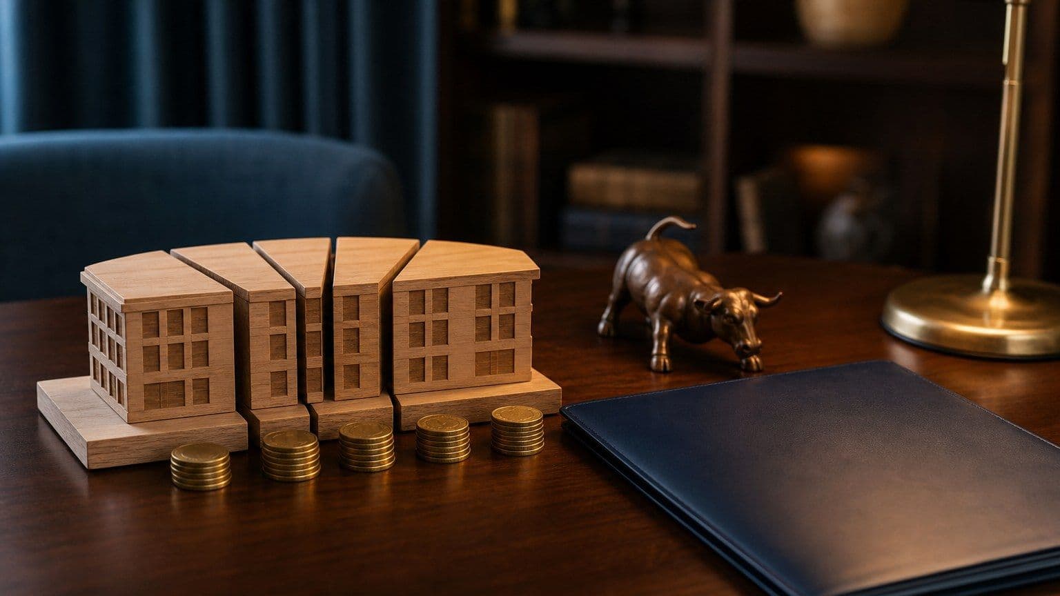 Composizione editoriale con modello di edificio aziendale, token di investimento e cartella portafoglio per rappresentare la proprietà azionaria.