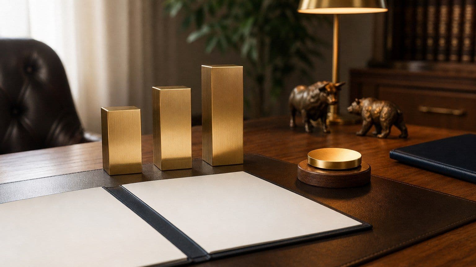 Scrivania da investitore con elementi in ottone che rappresentano la selezione di azioni in crescita.
