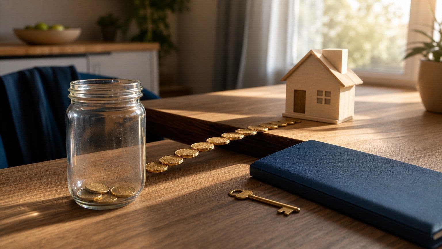 Tavolo con modello di casa, chiave e cartella di garanzia per un mutuo prima casa al 100%.