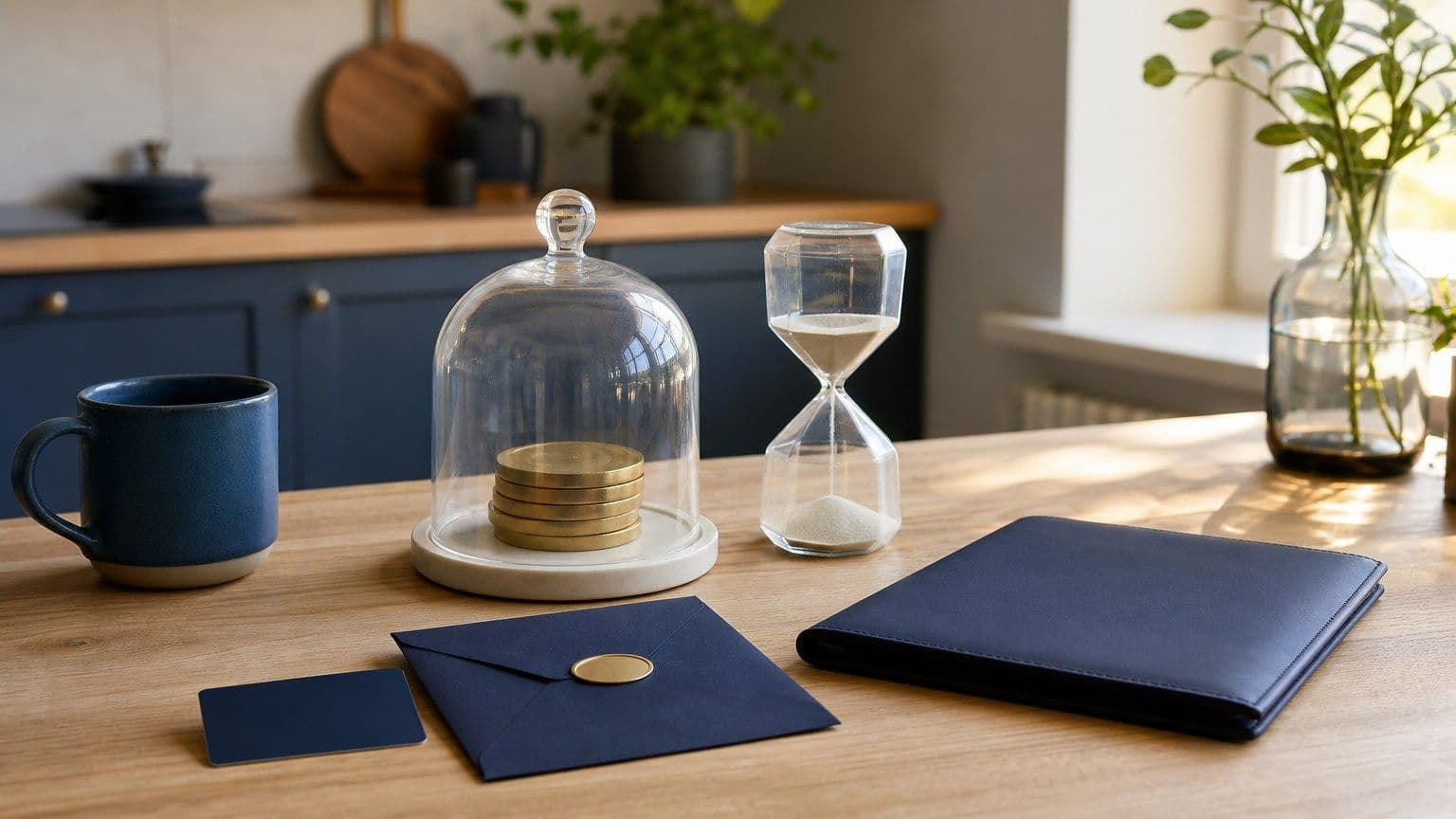 Tavolo con carta e busta di prestito vuote, monete protette sotto una cupola di vetro e una cartella credito blu.