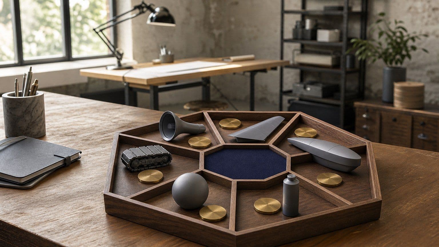 Sei miniature dell’industria della difesa sono separate in un vassoio d’investimento con dischi di ottone.