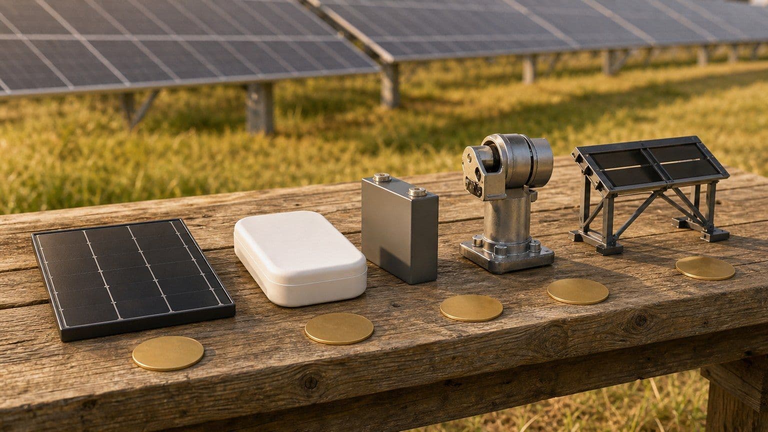 Cinque componenti della filiera fotovoltaica sono disposti con dischi d’investimento davanti a un impianto solare.