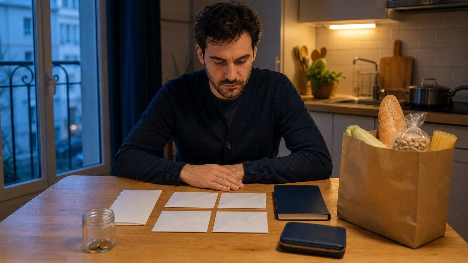 Una persona pianifica il risparmio al tavolo della cucina con buste domestiche, un quaderno blu e un piccolo barattolo di emergenza.