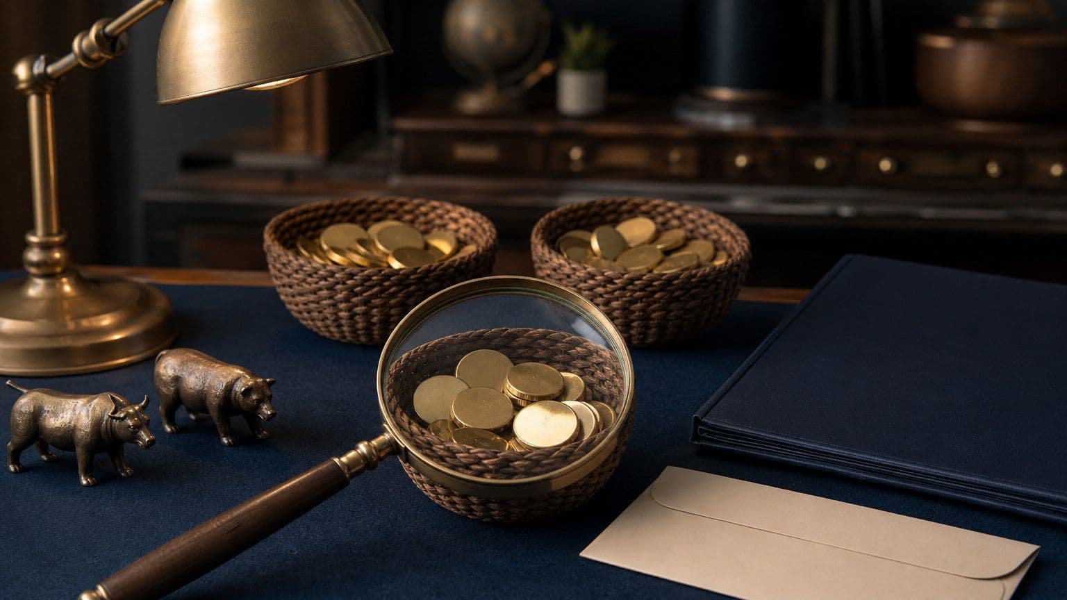 Scrivania da investitore con cartelle broker, cestini di ETF e monete anonime per confrontare piattaforme di investimento.