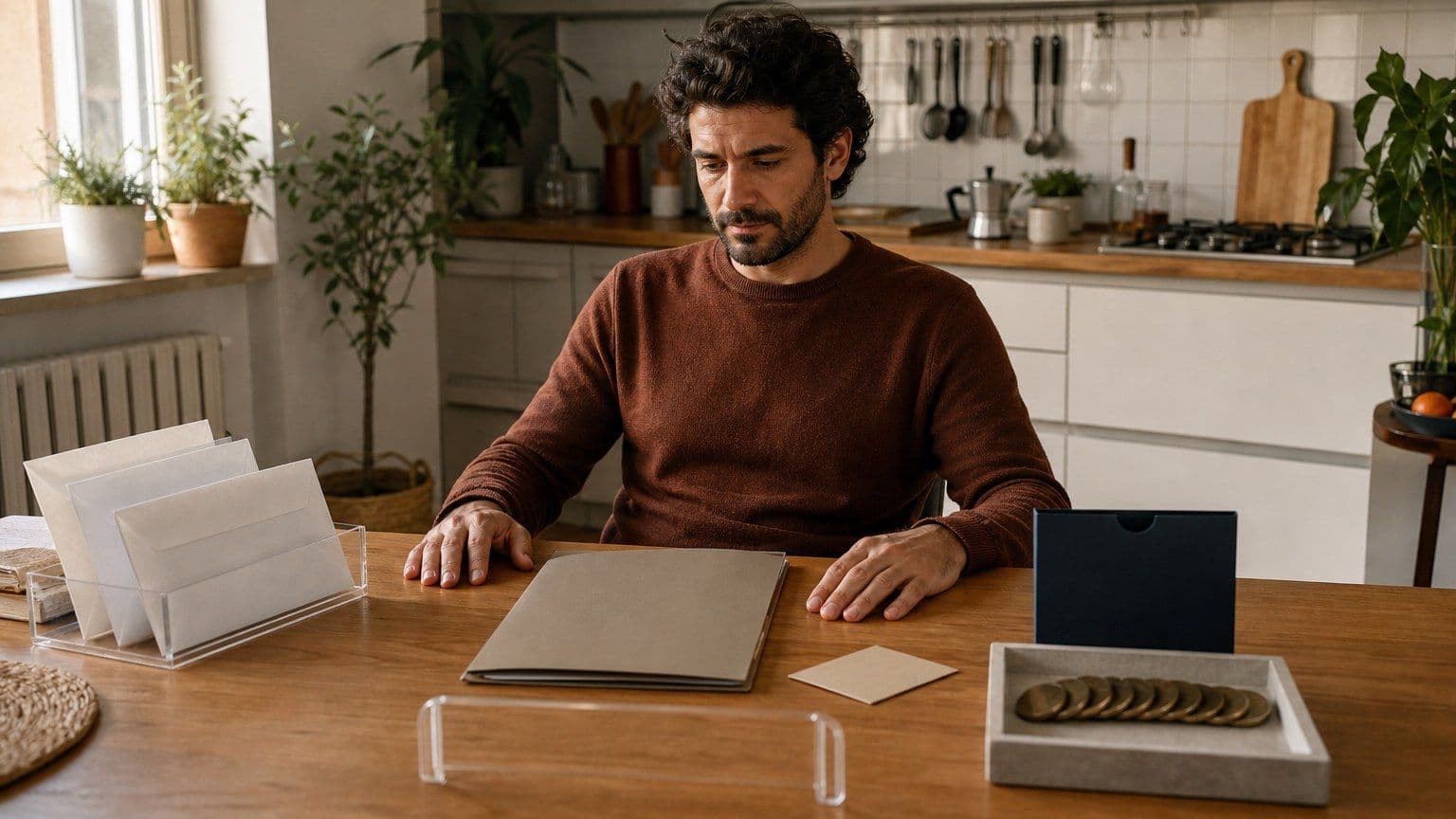 Lavoratore autonomo al tavolo di casa con documenti di reddito alternativi, pratica di prestito e piano di rimborso.