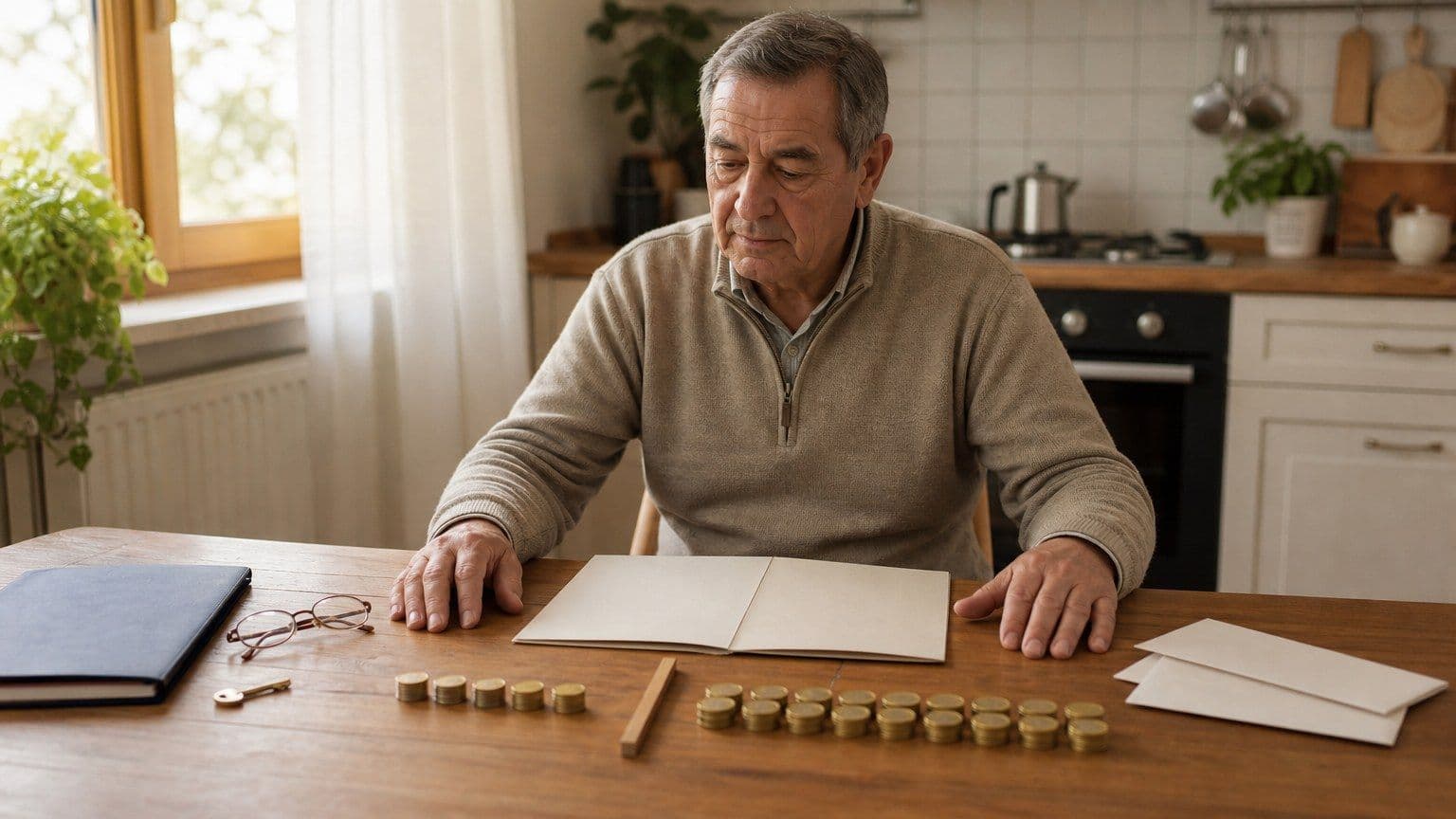 Pensionato italiano al tavolo di cucina con documenti pensionistici e monete divise per rappresentare la quota cedibile.