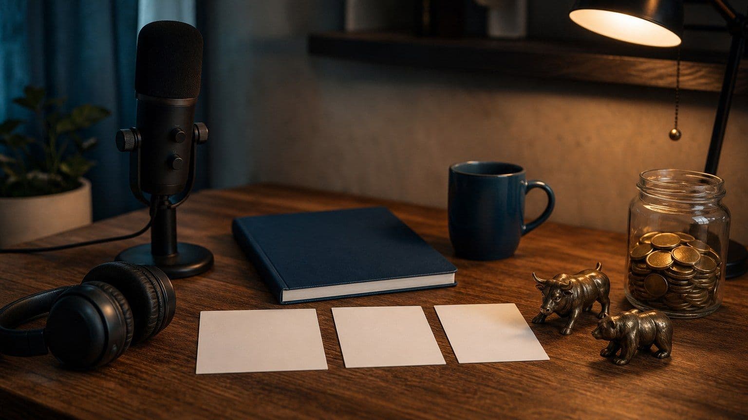 Cuffie, microfono e monete su una scrivania rappresentano i podcast di finanza personale.