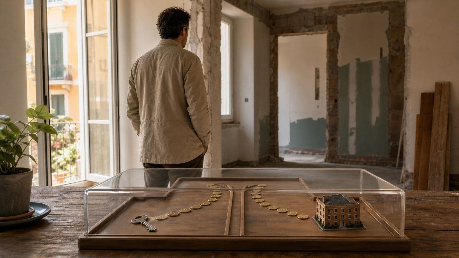 Un investitore osserva un appartamento in ristrutturazione davanti a due percorsi di finanziamento immobiliare.
