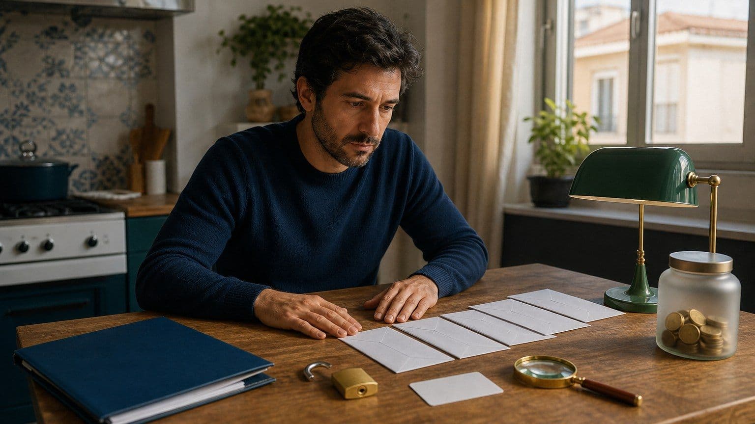 Adulto seduto a un tavolo mentre organizza buste di debito vuote, cartella del registro creditizio, lucchetto aperto e monete.
