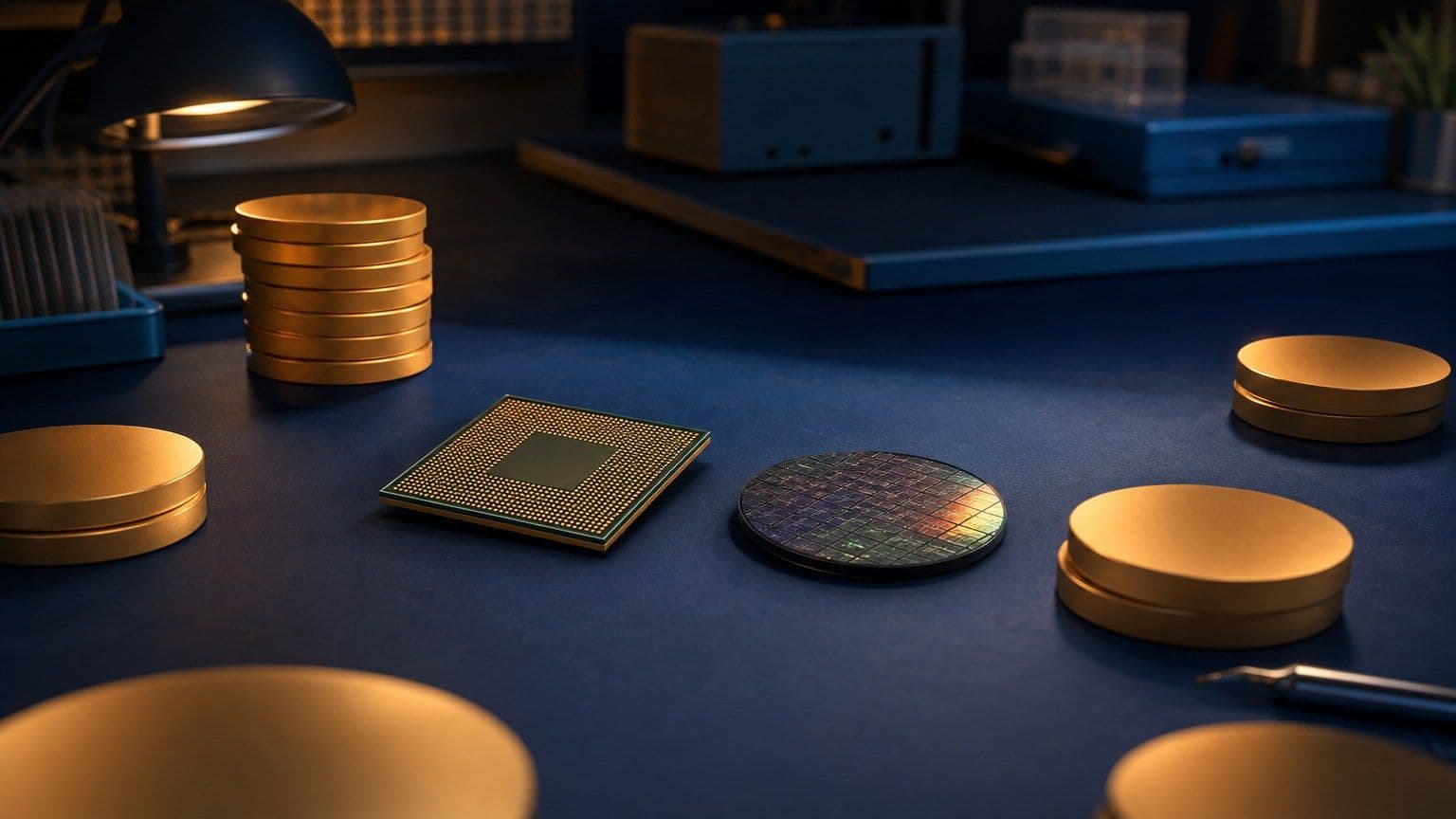 Processore e wafer di silicio circondati da dischi metallici che rappresentano un investimento in azioni tecnologiche.