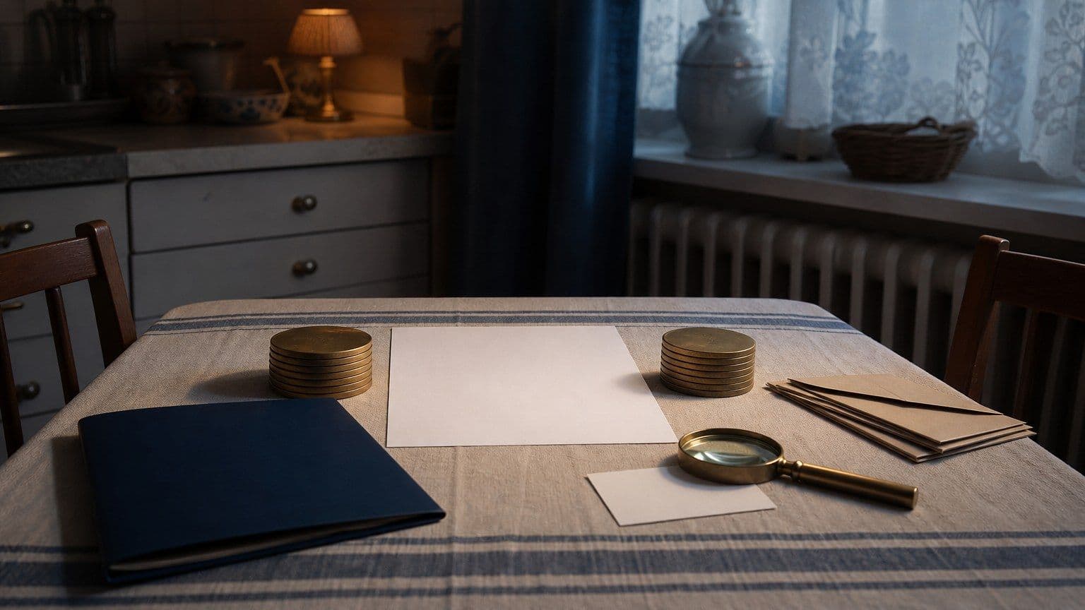 Tavolo di cucina con accordo privato di prestito senza scritte, due pile di monete, cartella blu e buste sigillate.