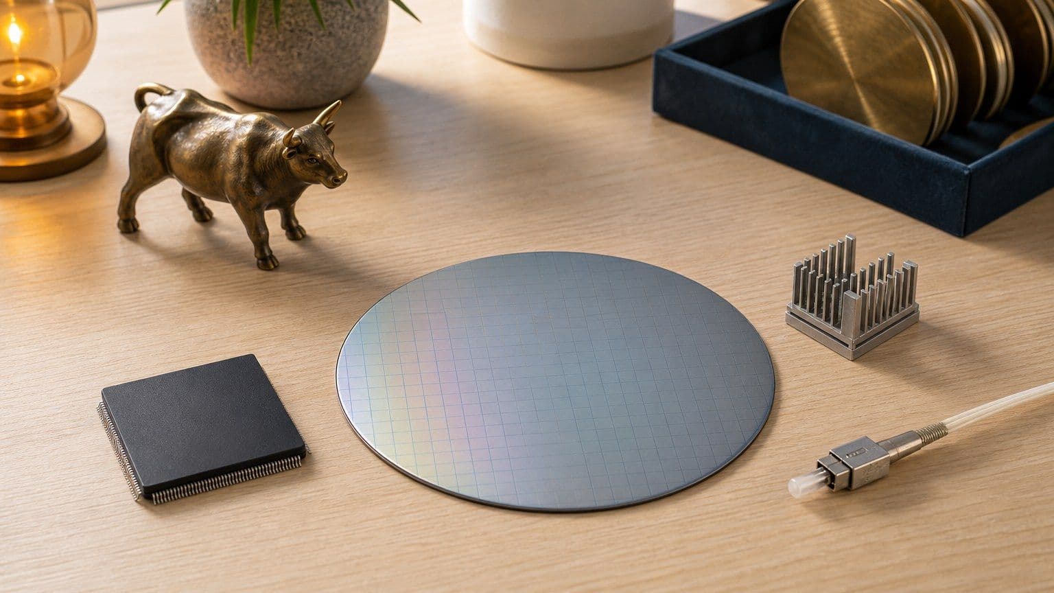 Banco di analisi con wafer di silicio, processore, dissipatore per server, fibra ottica e strumenti per valutare azioni tecnologiche.