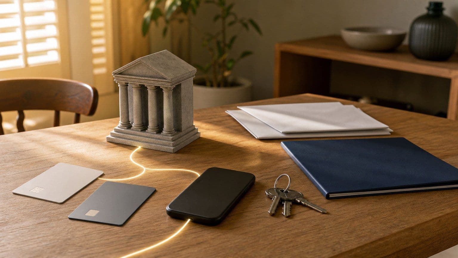 Tavolo di casa con modello di banca, carte e documenti per scegliere un conto corrente online.